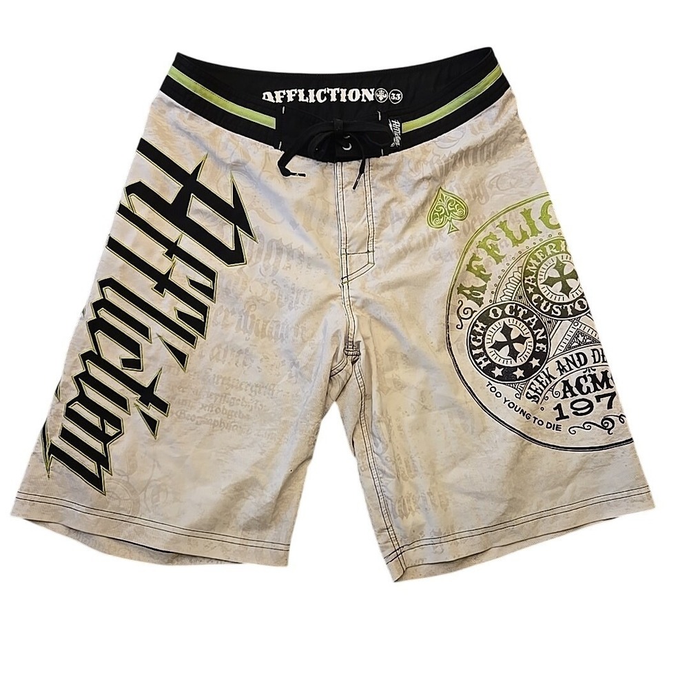 Affliction Board Shorts Mens 33 White Cross Fleur De Lis Graphic Embroidered